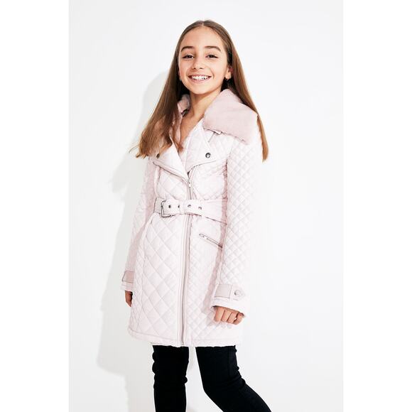 Bardot Junior Size 7 Blush Grace Quilted Coat Faux Fur Collar Belted O2-1